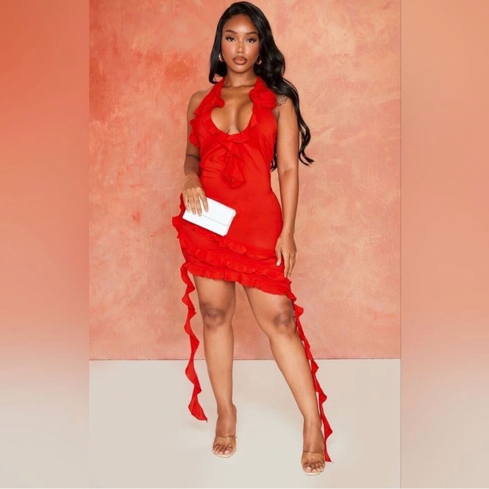 PrettyLittleThing Red Ruffle Halter Dress